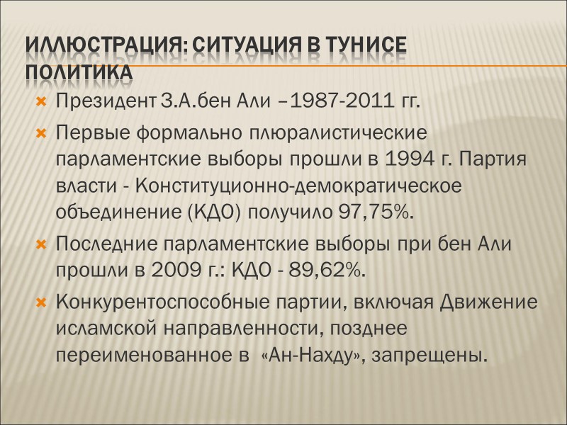 Иллюстрация: ситуация в Тунисе  Политика Президент З.А.бен Али –1987-2011 гг. Первые формально плюралистические